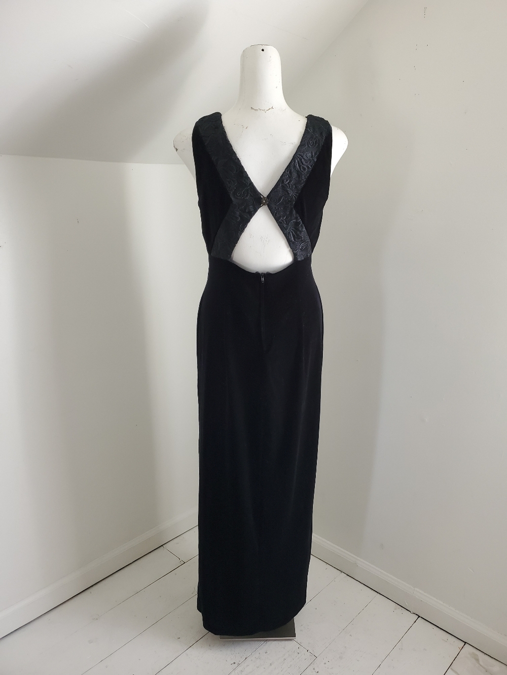 90s Vintage Black Stretch Velvet Pencil Dress Evening Gown Prom - Picture 8 of 10